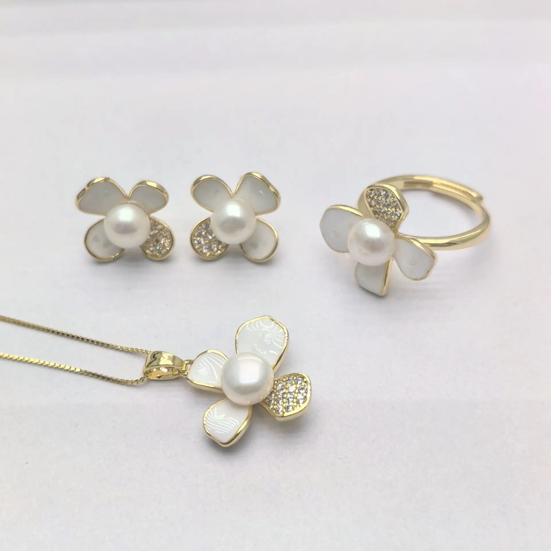 2025 Pearl Flower Set for Women Gold Plated