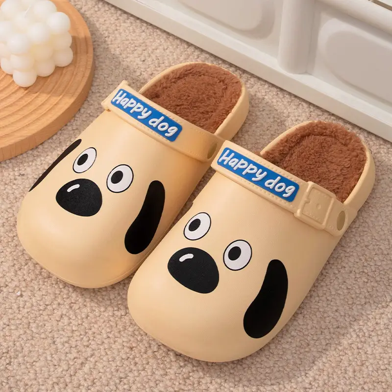 Cartoon Dog Waterproof Cotton Slippers Women Winter Warm Non-Slip
