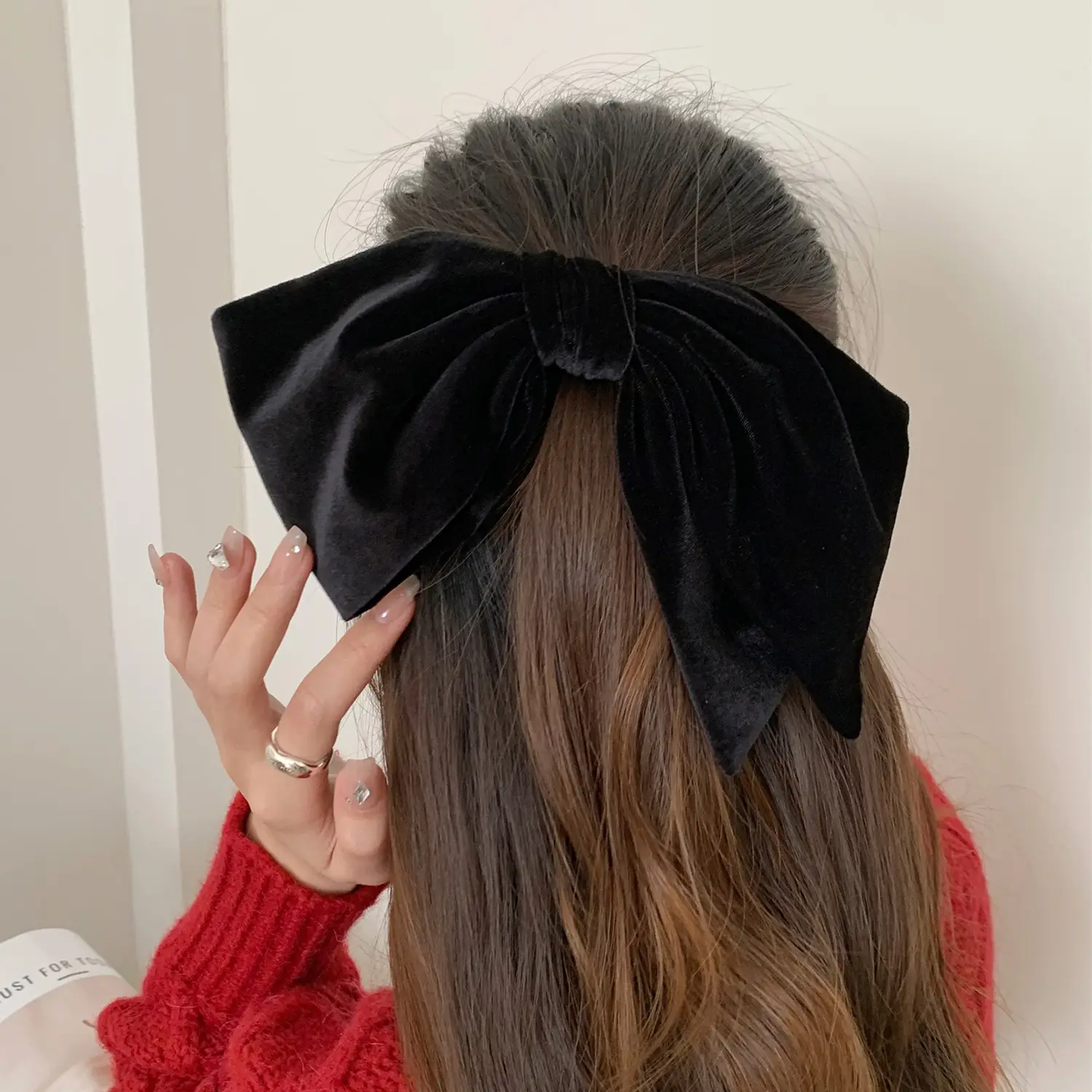 Black Velvet Satin Double Bow Hairpin with Horizontal Clip - Image 4