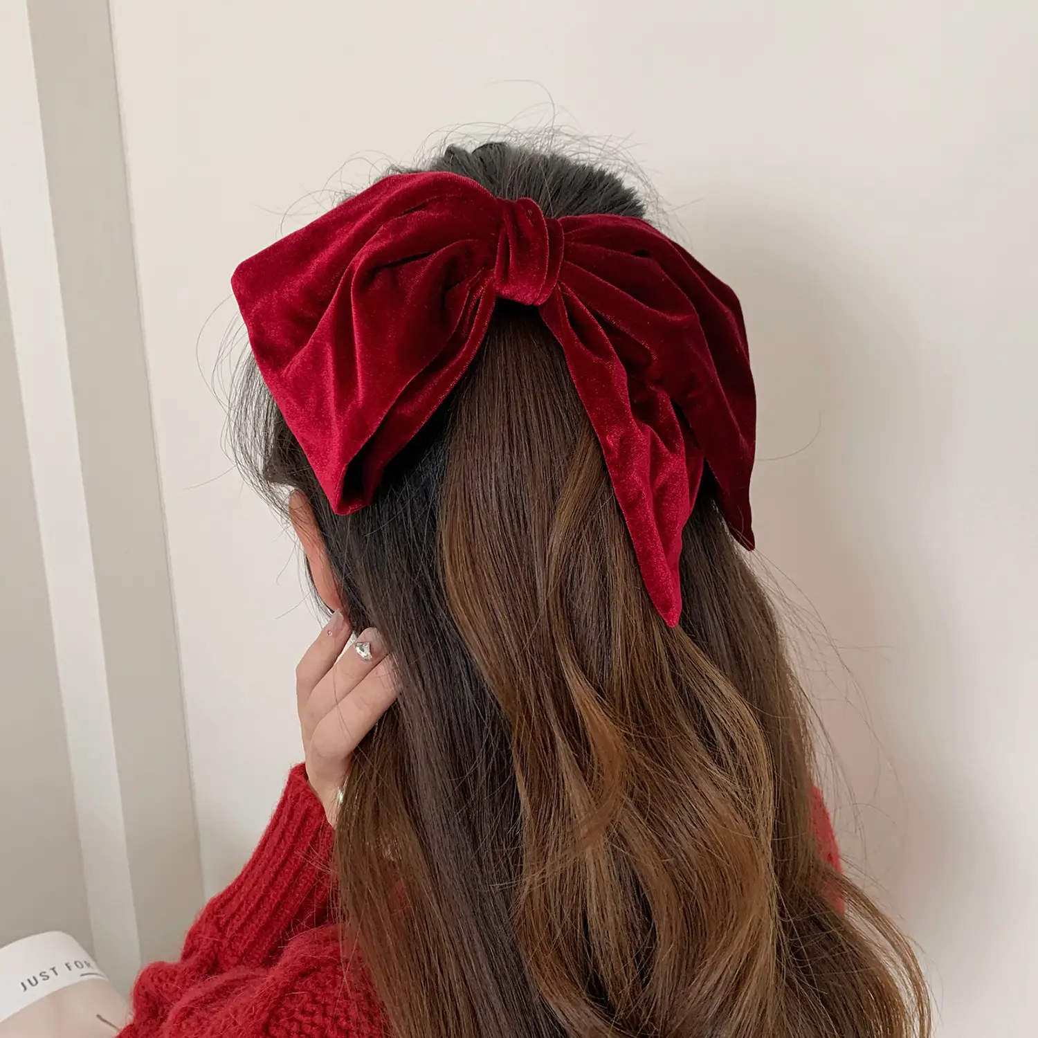 Black Velvet Satin Double Bow Hairpin with Horizontal Clip - Image 5