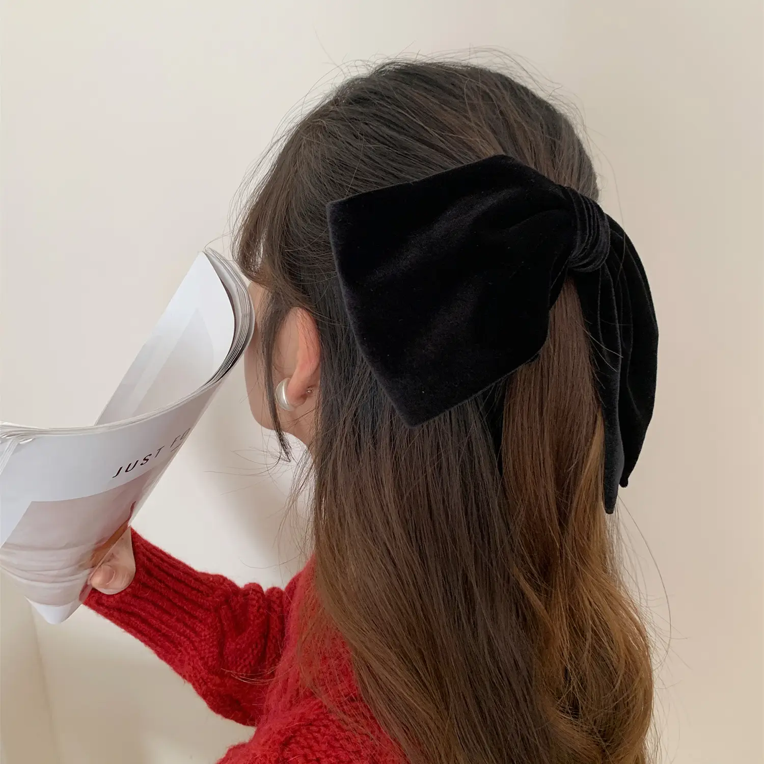 Black Velvet Satin Double Bow Hairpin with Horizontal Clip - Image 6
