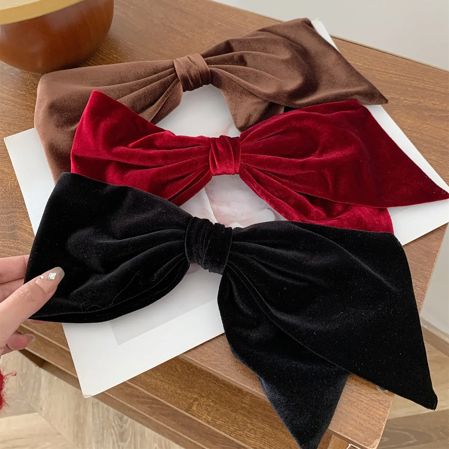 Black Velvet Satin Double Bow Hairpin with Horizontal Clip - Image 7