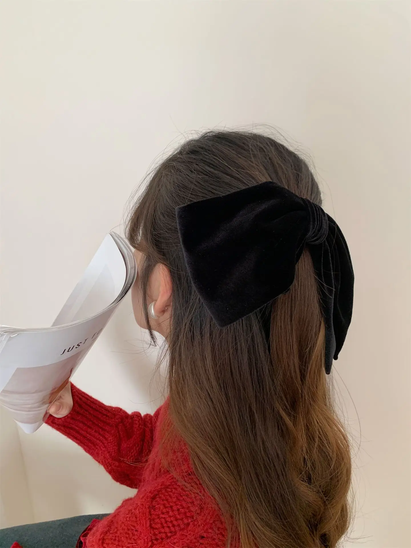 Black Velvet Satin Double Bow Hairpin with Horizontal Clip — feature 14