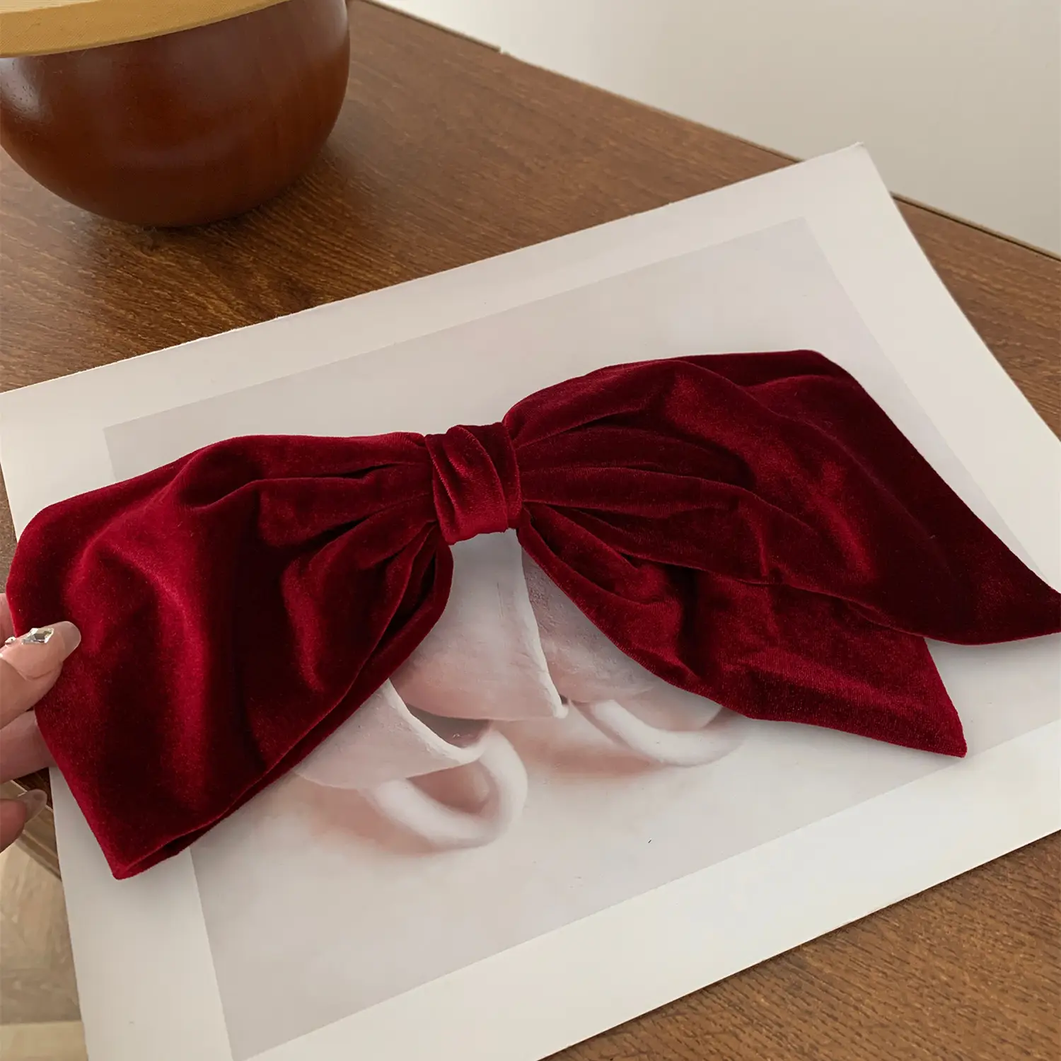 Black Velvet Satin Double Bow Hairpin with Horizontal Clip - Image 2