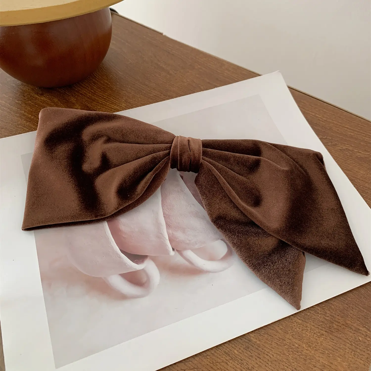 Black Velvet Satin Double Bow Hairpin with Horizontal Clip - Image 3