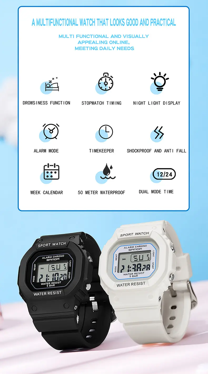 Sanda New Small Square Multi-Function Electronic Watch Sports Waterproof Luminous — feature 30