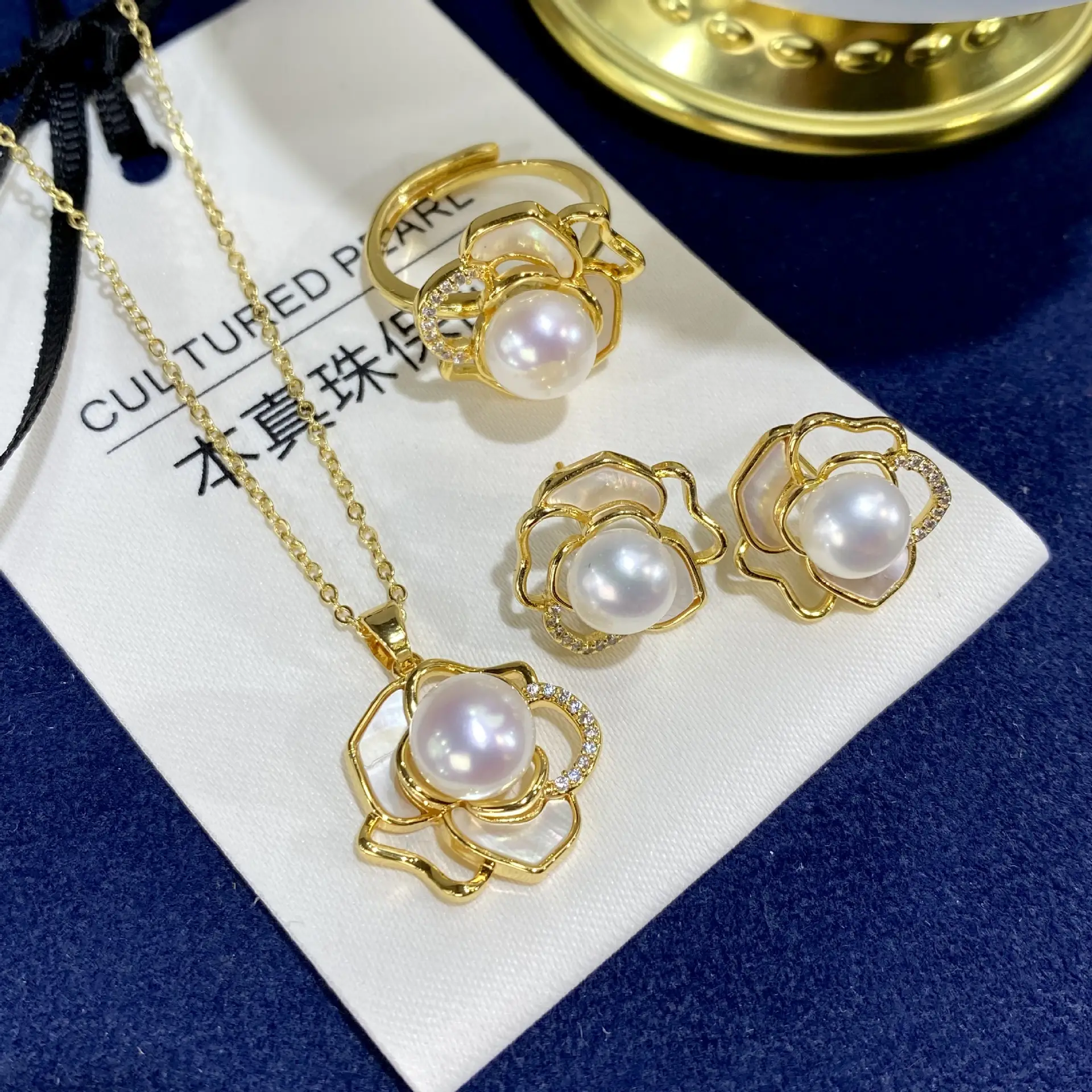 2025 Pearl Flower Earrings Set Gold Plated Women - Image 4