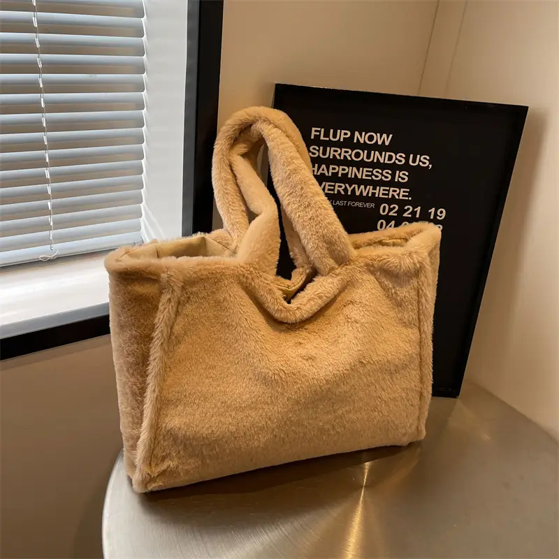 Pink Plush Bucket Bag for Women Winter Shoulder Tote - Image 5