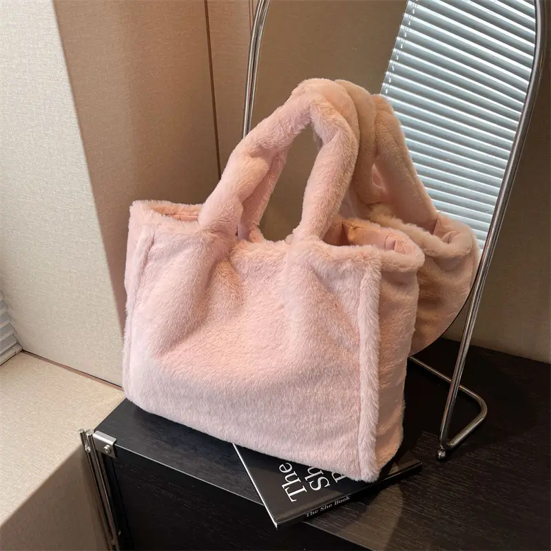 Pink Plush Bucket Bag for Women Winter Shoulder Tote - Image 6