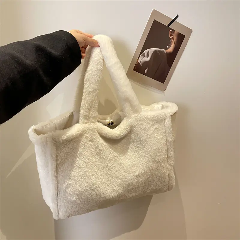 Pink Plush Bucket Bag for Women Winter Shoulder Tote - Image 8