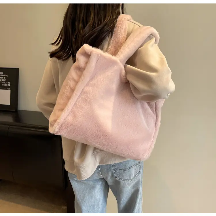 Pink Plush Bucket Bag for Women Winter Shoulder Tote — feature 13