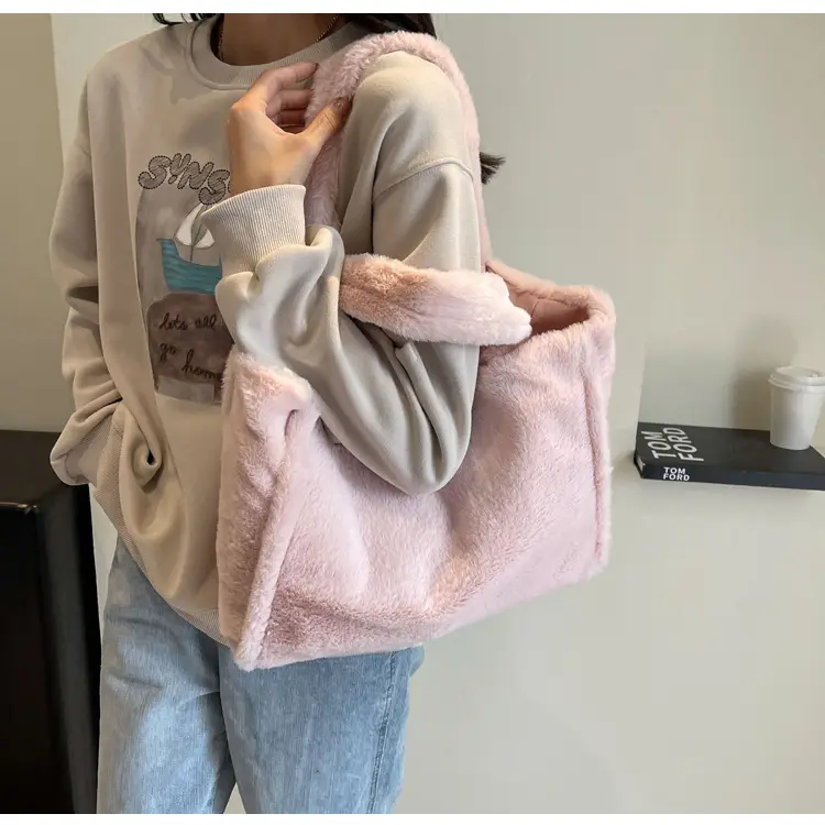 Pink Plush Bucket Bag for Women Winter Shoulder Tote — feature 14