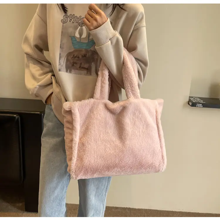 Pink Plush Bucket Bag for Women Winter Shoulder Tote — feature 15