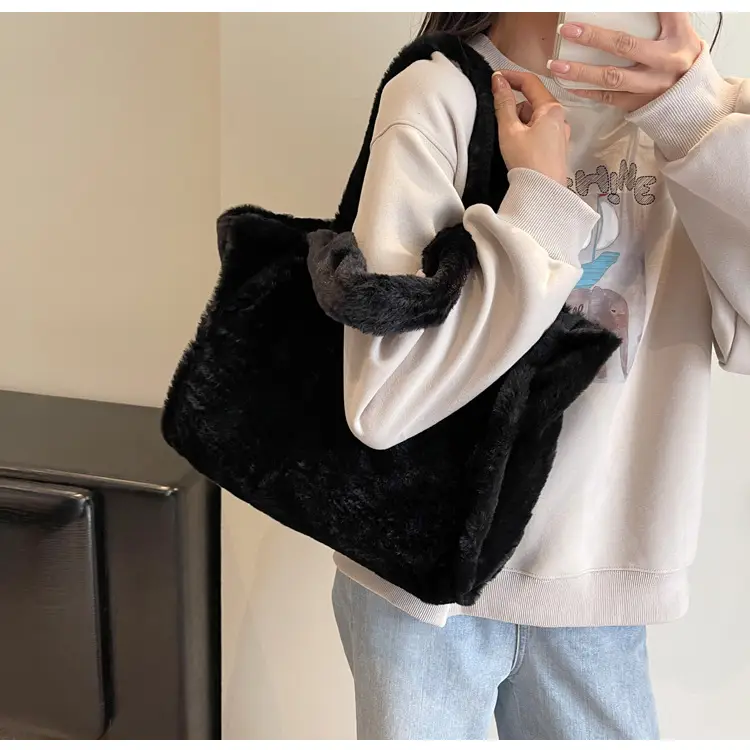 Pink Plush Bucket Bag for Women Winter Shoulder Tote — feature 16