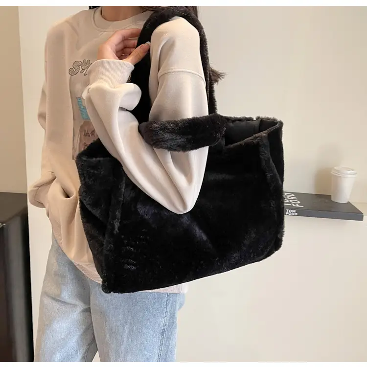 Pink Plush Bucket Bag for Women Winter Shoulder Tote — feature 18