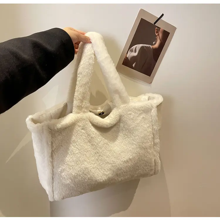 Pink Plush Bucket Bag for Women Winter Shoulder Tote — feature 21
