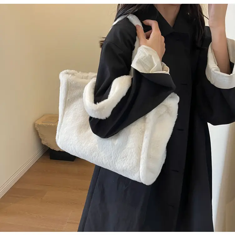 Pink Plush Bucket Bag for Women Winter Shoulder Tote — feature 7
