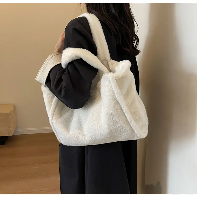 Pink Plush Bucket Bag for Women Winter Shoulder Tote — feature 9