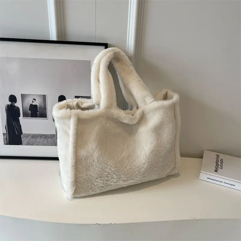 Pink Plush Bucket Bag for Women Winter Shoulder Tote - Image 2