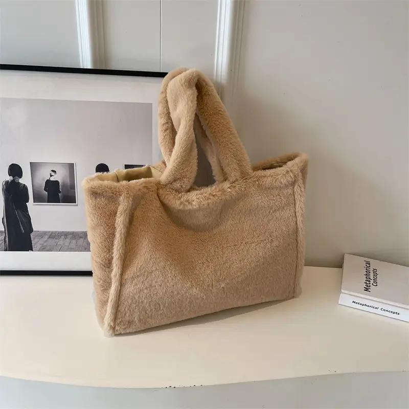 Pink Plush Bucket Bag for Women Winter Shoulder Tote - Image 3