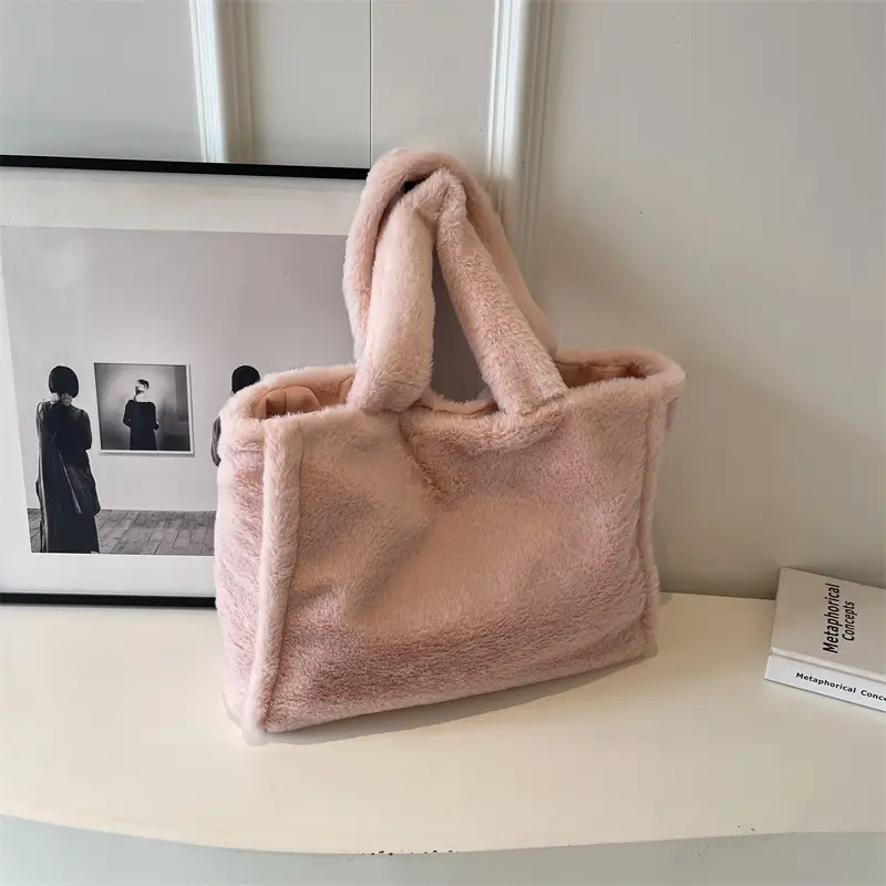 Pink Plush Bucket Bag for Women Winter Shoulder Tote - Image 4