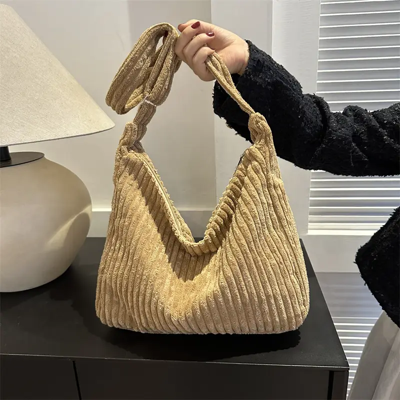 Blue Corduroy Shoulder Tote Bag for Women - Image 8