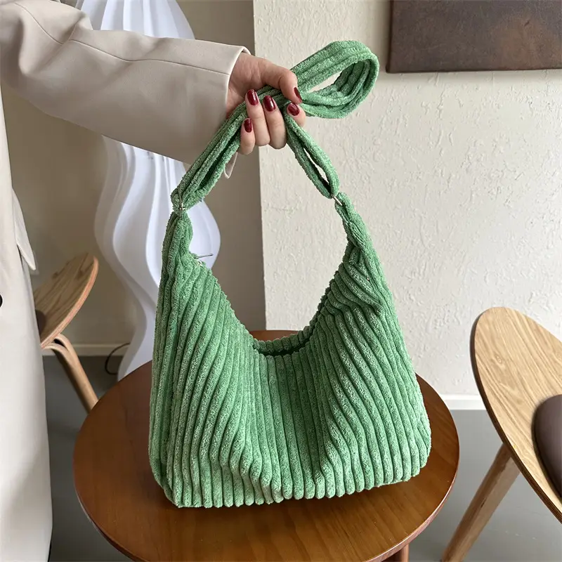 Blue Corduroy Shoulder Tote Bag for Women - Image 9