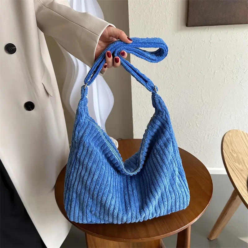 Blue Corduroy Shoulder Tote Bag for Women - Image 10