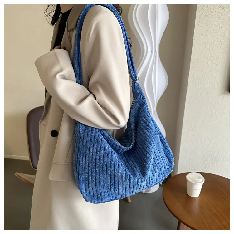 Blue Corduroy Shoulder Tote Bag for Women — feature 11