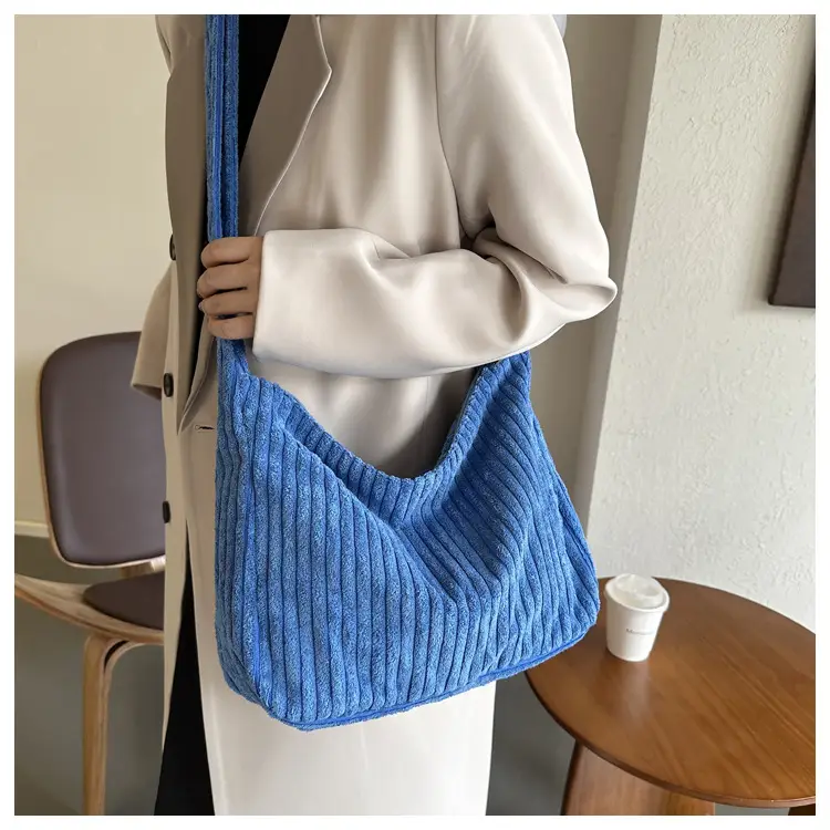 Blue Corduroy Shoulder Tote Bag for Women — feature 12