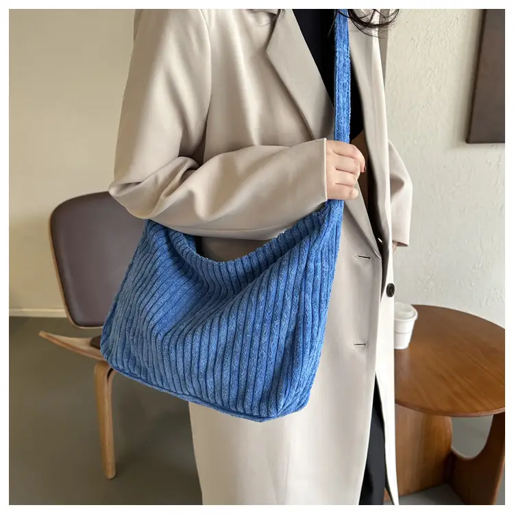Blue Corduroy Shoulder Tote Bag for Women — feature 13