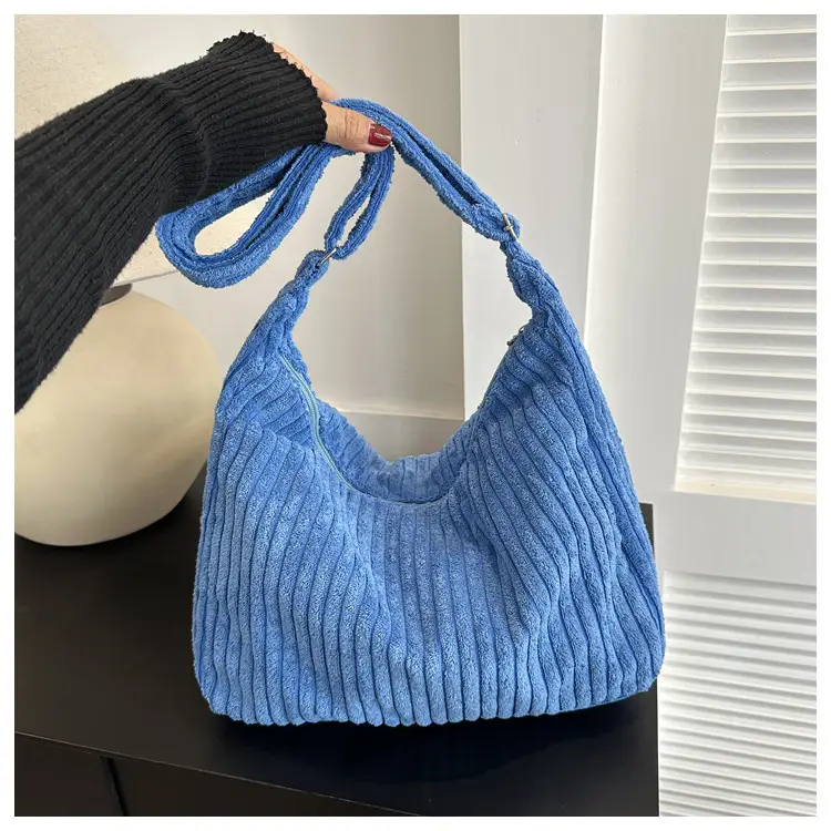 Blue Corduroy Shoulder Tote Bag for Women — feature 33