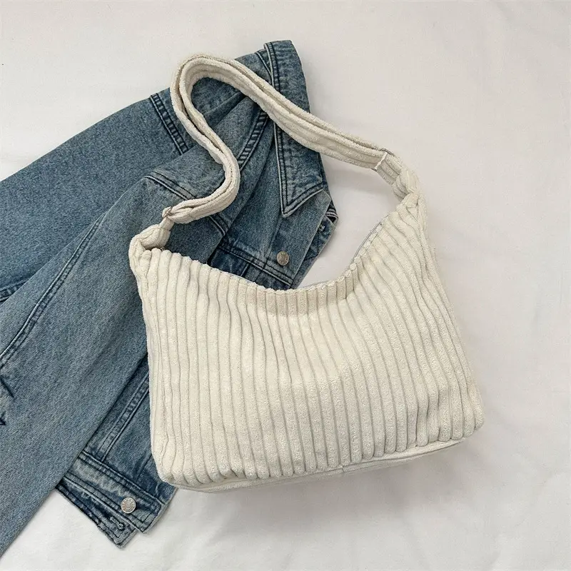 Blue Corduroy Shoulder Tote Bag for Women - Image 2