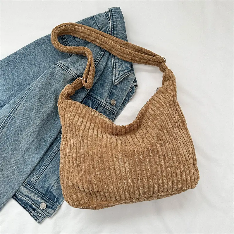 Blue Corduroy Shoulder Tote Bag for Women - Image 3