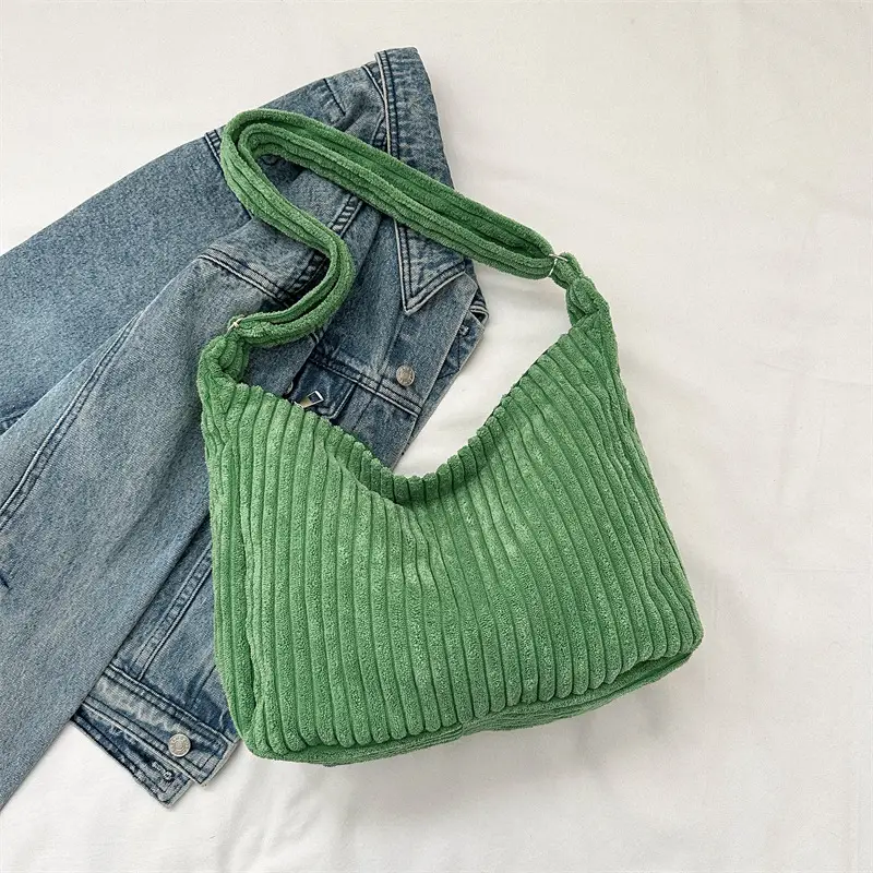 Blue Corduroy Shoulder Tote Bag for Women - Image 4
