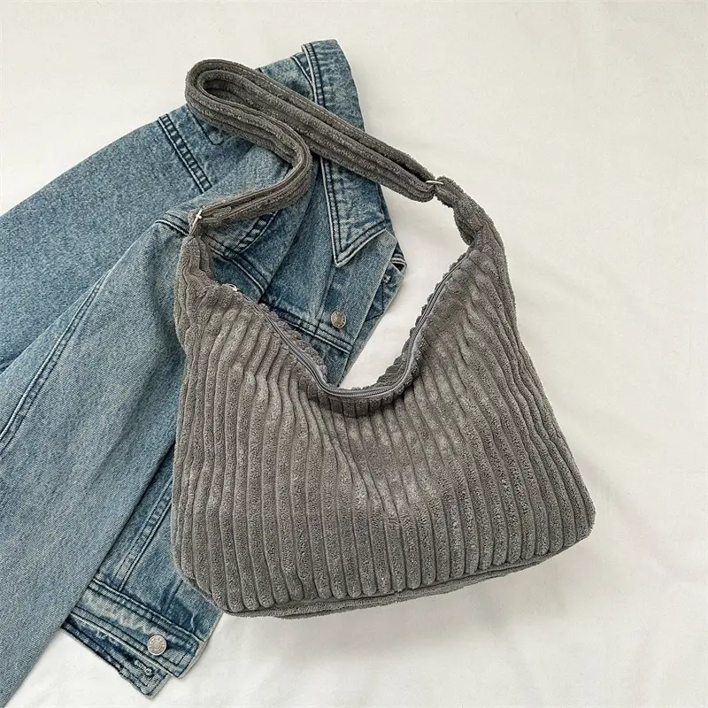 Blue Corduroy Shoulder Tote Bag for Women - Image 6