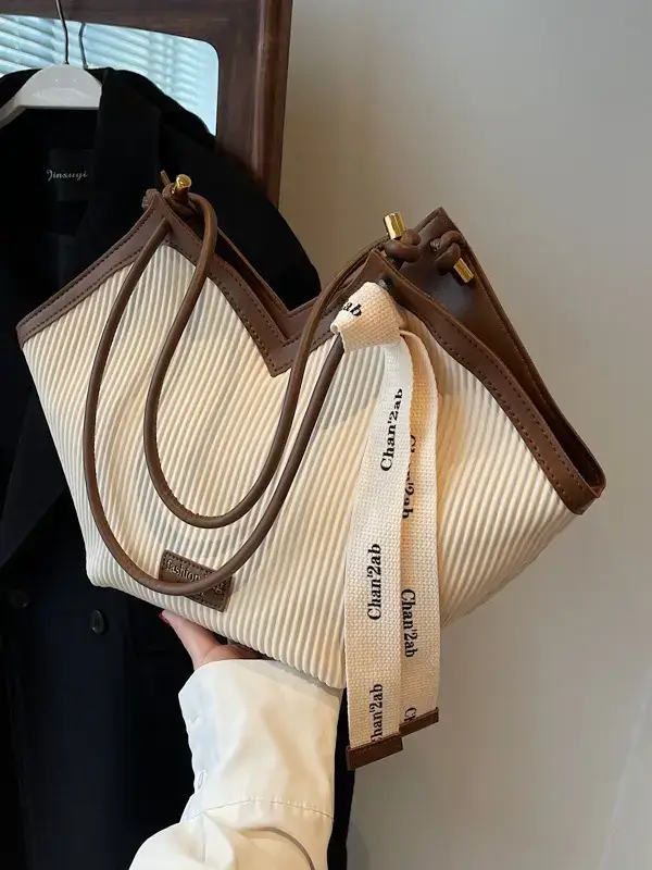 Women Large Capacity Brown Ribbed Shoulder Bag - Image 5