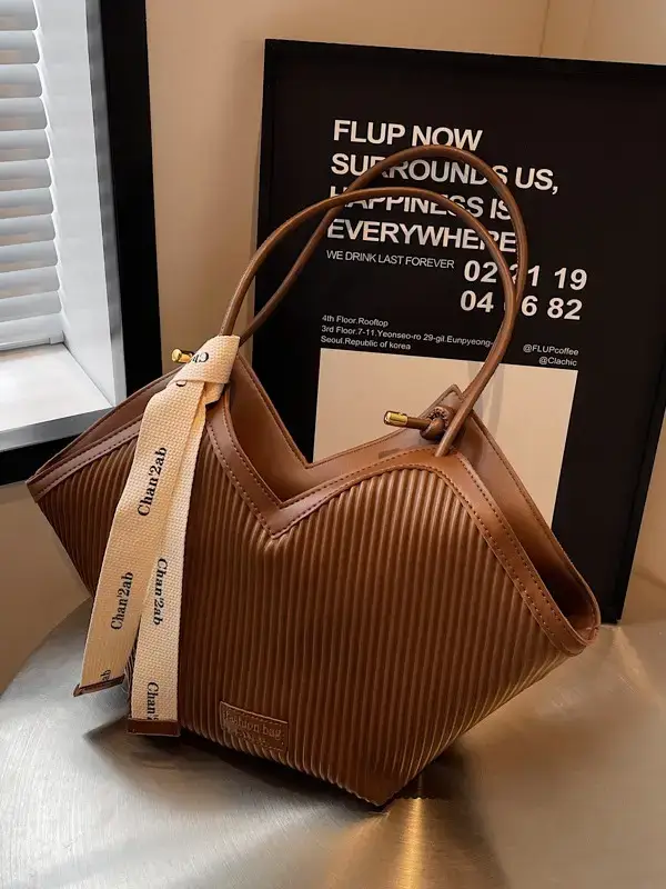 Women Large Capacity Brown Ribbed Shoulder Bag - Image 7