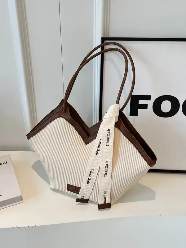 Women Large Capacity Brown Ribbed Shoulder Bag - Image 9