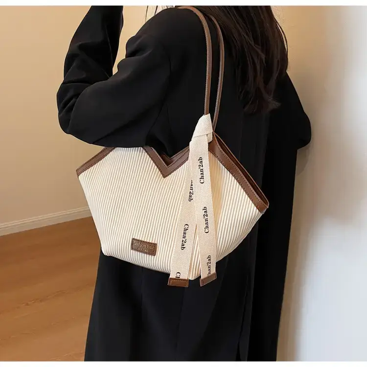 Women Large Capacity Brown Ribbed Shoulder Bag — feature 31