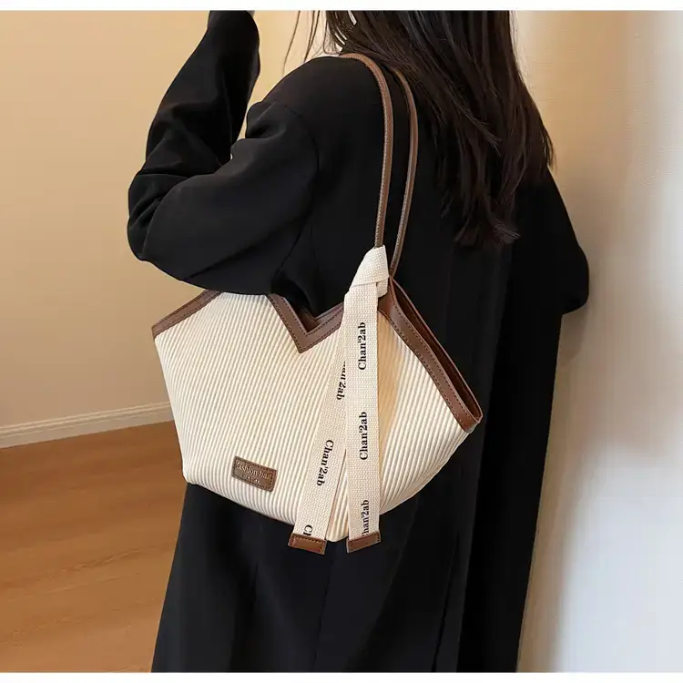 Women Large Capacity Brown Ribbed Shoulder Bag — feature 32