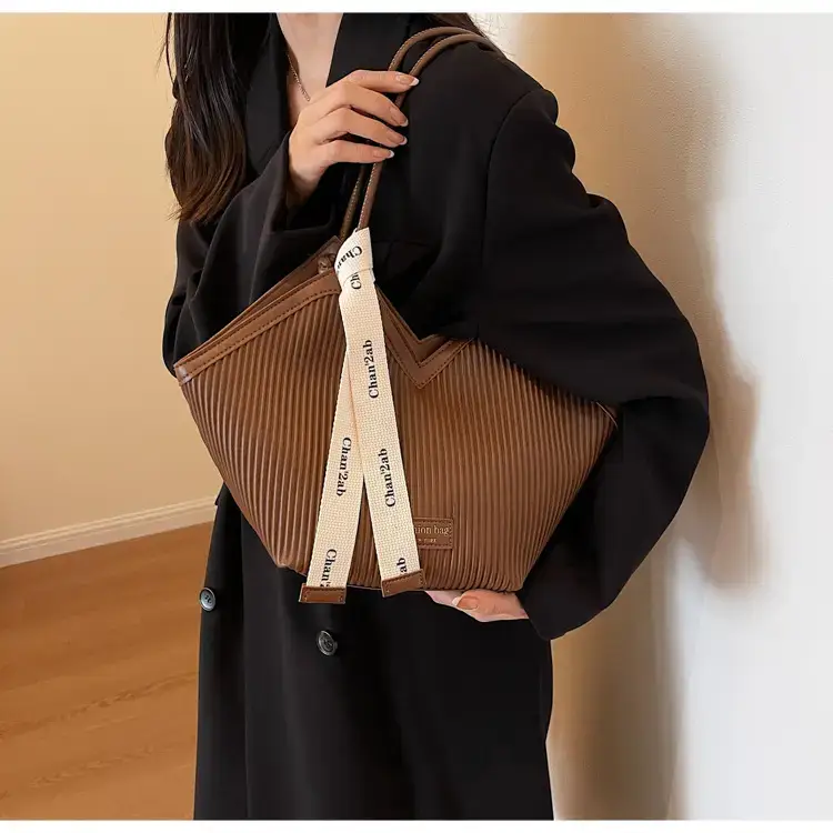 Women Large Capacity Brown Ribbed Shoulder Bag — feature 36