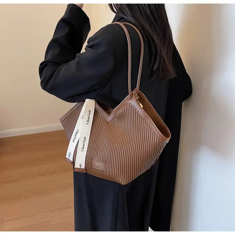 Women Large Capacity Brown Ribbed Shoulder Bag — feature 37