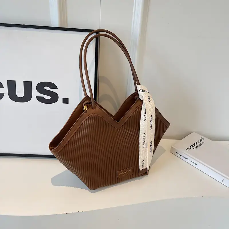 Women Large Capacity Brown Ribbed Shoulder Bag - Image 2