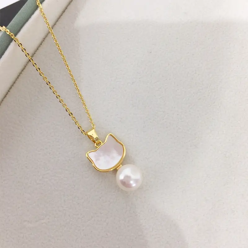 Zhuji Origin Cat Pearl Pendant Necklace Gold Chain — feature 6