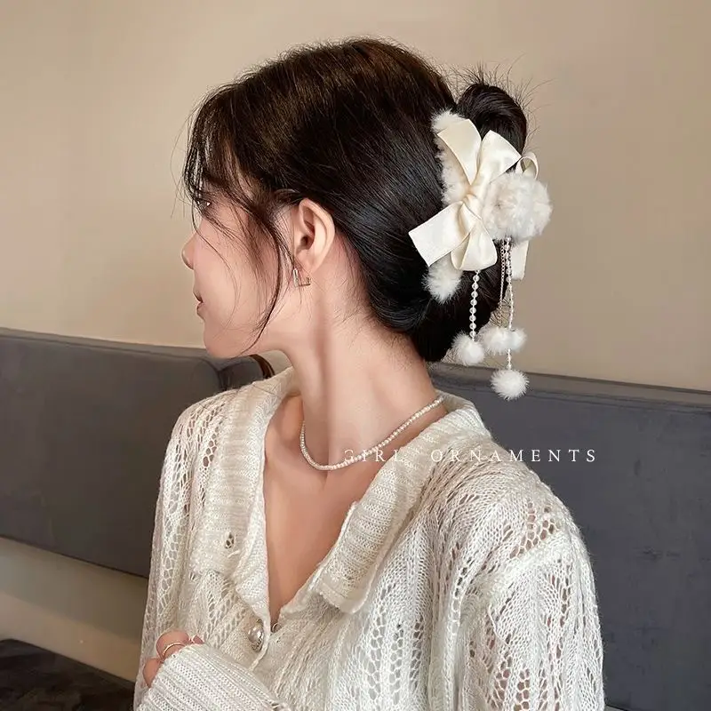 Fur Tassel Bow Hair Clip Large Autumn Winter - Image 2