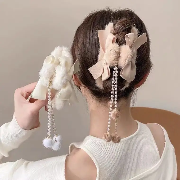 Fur Tassel Bow Hair Clip Large Autumn Winter - Image 4