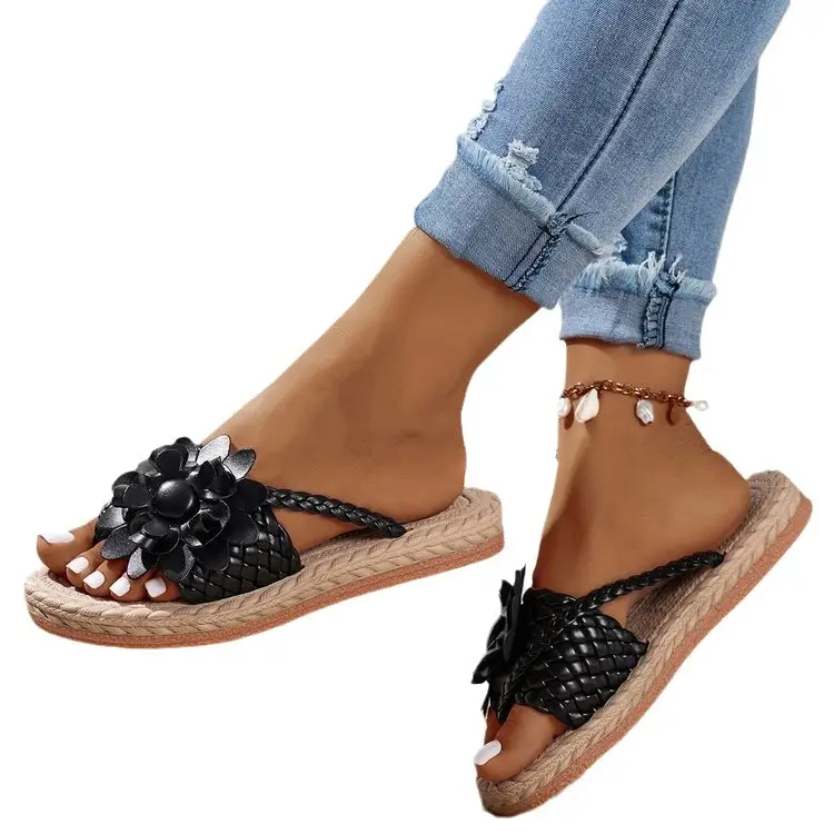 Women's White Floral Flats Summer Sandals