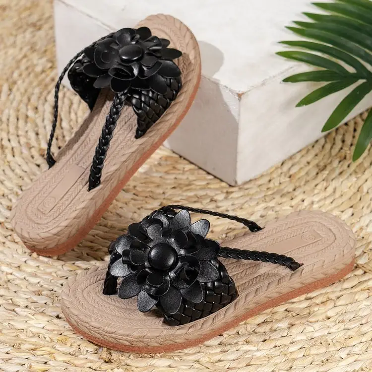 Women's White Floral Flats Summer Sandals