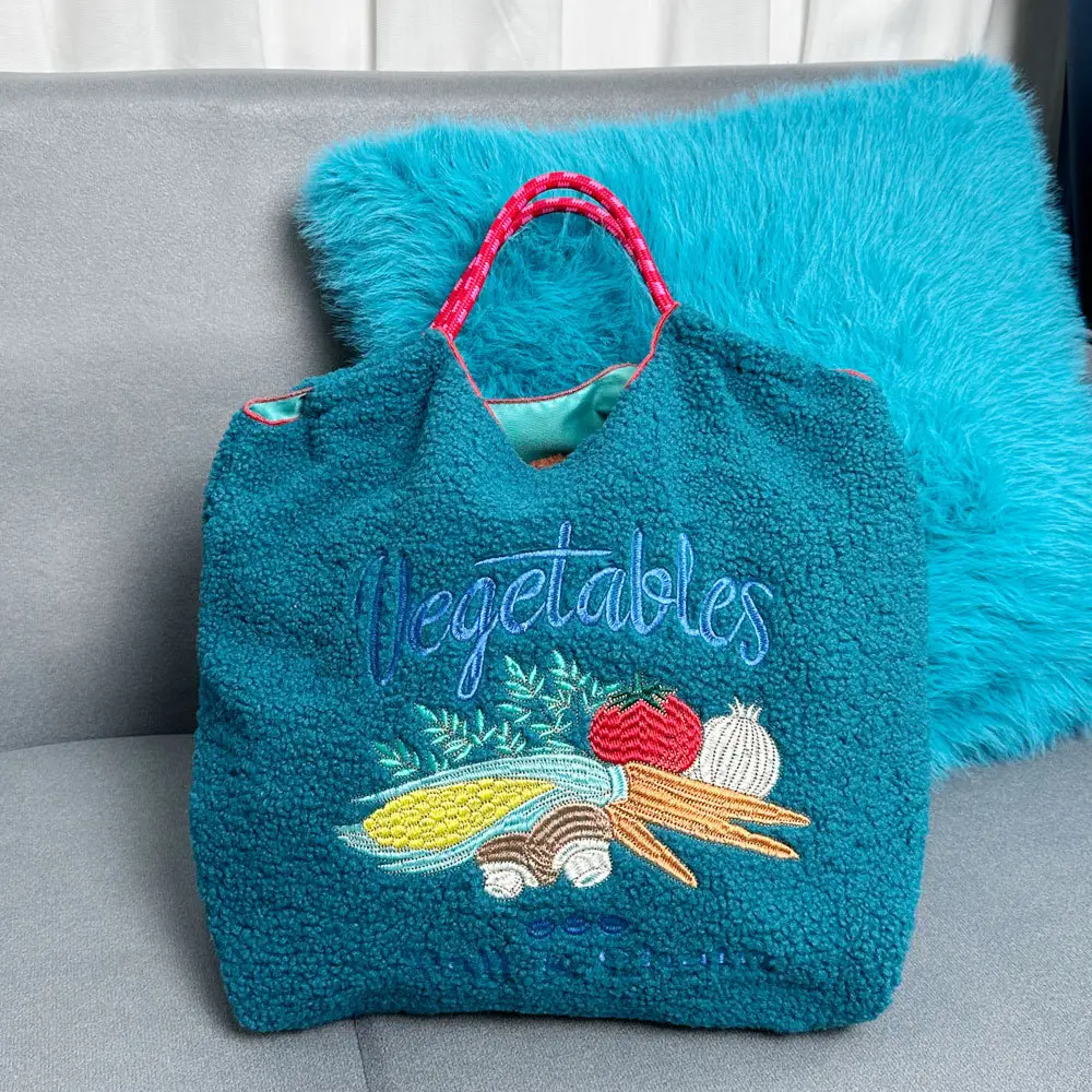 Pink Plush Shoulder Bag with Japanese Embroidery